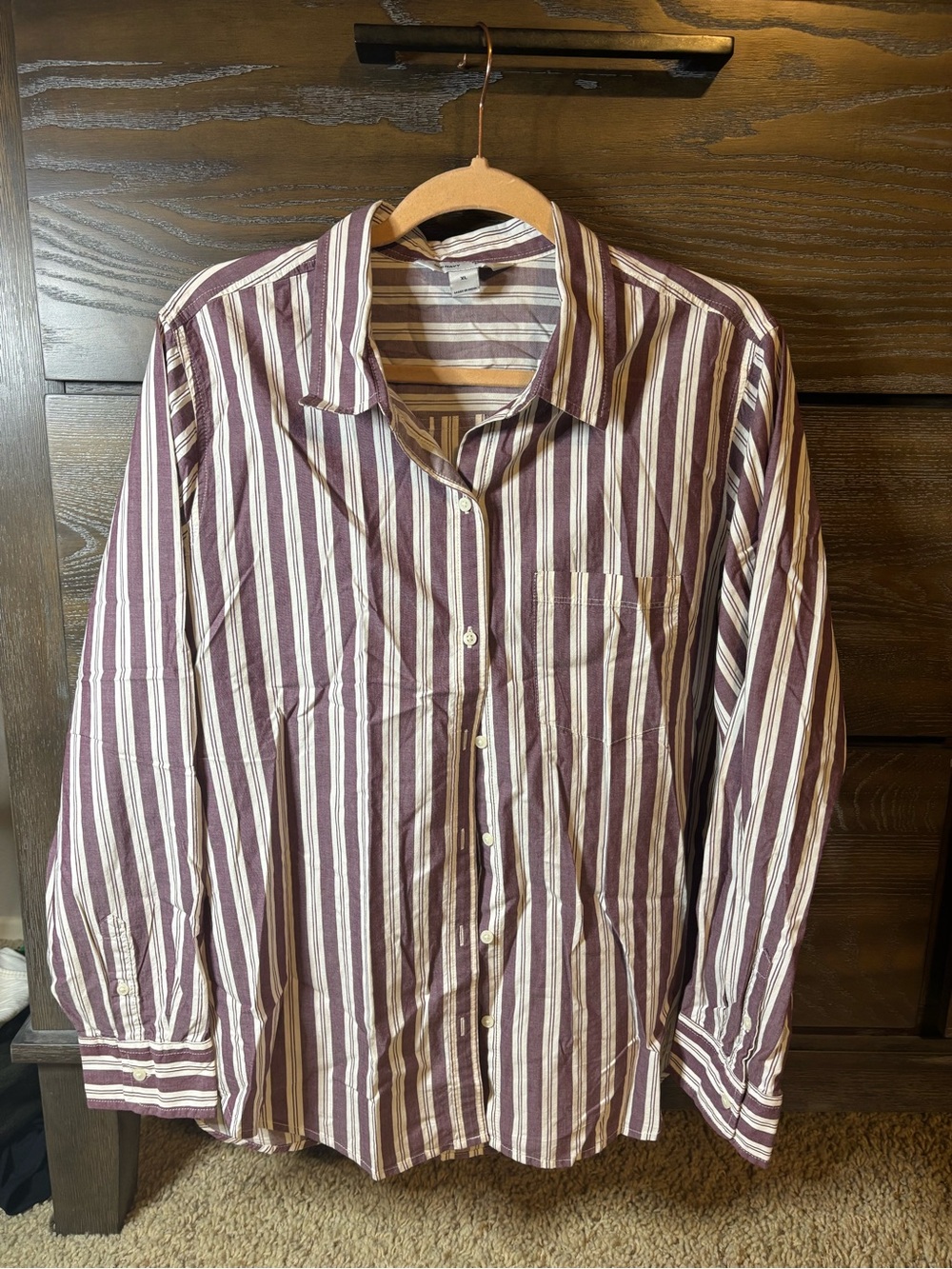 Old Navy Maroon and White Striped Button-Down Shirt